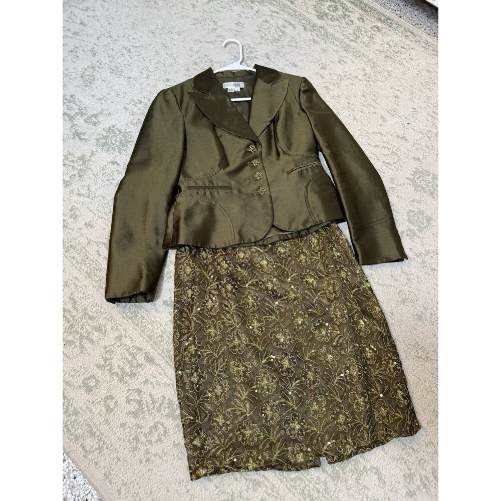 Kay Unger Silk Cotton Blazer jacket Skirt Suit 2 Pc Set Lace Embellishments
